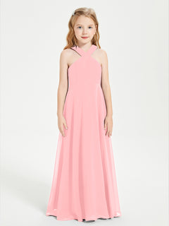 Junior Bridesmaid Dresses Grecian Neckline Floor Length Flamingo