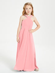 Junior Bridesmaid Dresses Grecian Neckline Floor Length Flamingo
