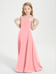 Junior Bridesmaid Dresses Grecian Neckline Floor Length Flamingo