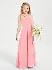 Junior Bridesmaid Dresses Grecian Neckline Floor Length Flamingo