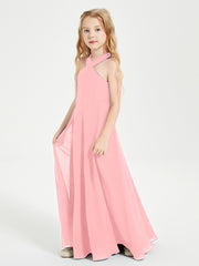 Junior Bridesmaid Dresses Grecian Neckline Floor Length Flamingo