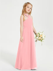 Junior Bridesmaid Dresses Grecian Neckline Floor Length Flamingo
