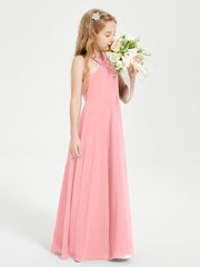 Junior Bridesmaid Dresses Grecian Neckline Floor Length Flamingo