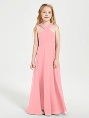 Junior Bridesmaid Dresses Grecian Neckline Floor Length Flamingo