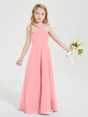 Junior Bridesmaid Dresses Grecian Neckline Floor Length Flamingo