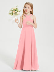 Junior Bridesmaid Dresses Grecian Neckline Floor Length Flamingo