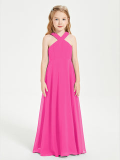 Junior Bridesmaid Dresses Grecian Neckline Floor Length Fuchsia