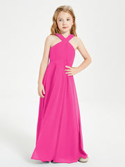 Junior Bridesmaid Dresses Grecian Neckline Floor Length Fuchsia