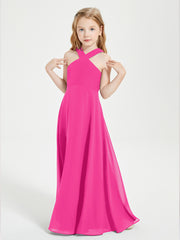 Junior Bridesmaid Dresses Grecian Neckline Floor Length Fuchsia