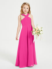 Junior Bridesmaid Dresses Grecian Neckline Floor Length Fuchsia