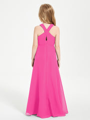Junior Bridesmaid Dresses Grecian Neckline Floor Length Fuchsia