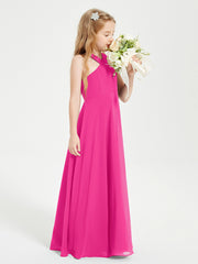 Junior Bridesmaid Dresses Grecian Neckline Floor Length Fuchsia