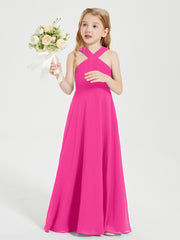 Junior Bridesmaid Dresses Grecian Neckline Floor Length Fuchsia