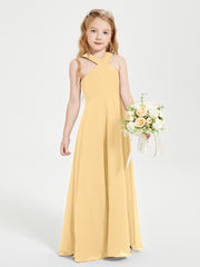 Junior Bridesmaid Dresses Grecian Neckline Floor Length Gold