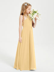 Junior Bridesmaid Dresses Grecian Neckline Floor Length Gold