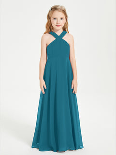 Junior Bridesmaid Dresses Grecian Neckline Floor Length Ink Blue