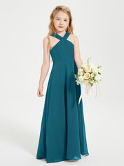 Junior Bridesmaid Dresses Grecian Neckline Floor Length Ink Blue