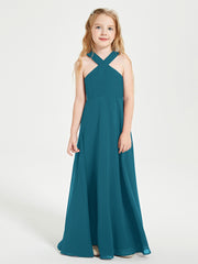 Junior Bridesmaid Dresses Grecian Neckline Floor Length Ink Blue
