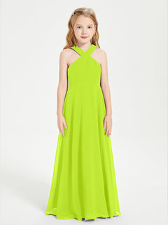 Junior Bridesmaid Dresses Grecian Neckline Floor Length Lime Green