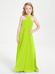 Junior Bridesmaid Dresses Grecian Neckline Floor Length Lime Green