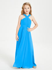 Junior Bridesmaid Dresses Grecian Neckline Floor Length Ocean Blue