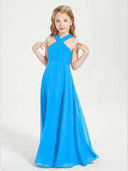 Junior Bridesmaid Dresses Grecian Neckline Floor Length Ocean Blue