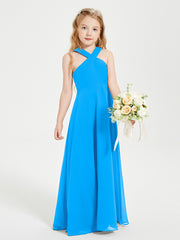 Junior Bridesmaid Dresses Grecian Neckline Floor Length Ocean Blue