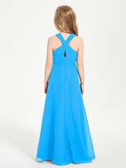 Junior Bridesmaid Dresses Grecian Neckline Floor Length Ocean Blue