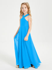 Junior Bridesmaid Dresses Grecian Neckline Floor Length Ocean Blue