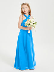 Junior Bridesmaid Dresses Grecian Neckline Floor Length Ocean Blue