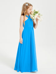 Junior Bridesmaid Dresses Grecian Neckline Floor Length Ocean Blue