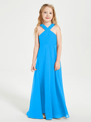 Junior Bridesmaid Dresses Grecian Neckline Floor Length Ocean Blue