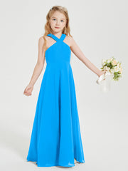 Junior Bridesmaid Dresses Grecian Neckline Floor Length Ocean Blue