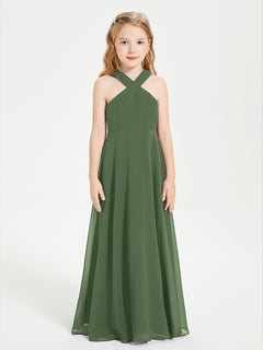 Junior Bridesmaid Dresses Grecian Neckline Floor Length Olive Green