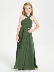 Junior Bridesmaid Dresses Grecian Neckline Floor Length Olive Green