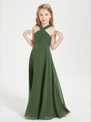 Junior Bridesmaid Dresses Grecian Neckline Floor Length Olive Green