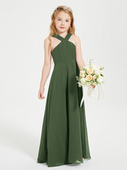 Junior Bridesmaid Dresses Grecian Neckline Floor Length Olive Green