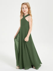 Junior Bridesmaid Dresses Grecian Neckline Floor Length Olive Green