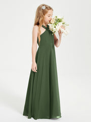 Junior Bridesmaid Dresses Grecian Neckline Floor Length Olive Green