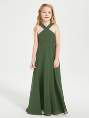 Junior Bridesmaid Dresses Grecian Neckline Floor Length Olive Green