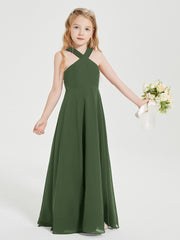 Junior Bridesmaid Dresses Grecian Neckline Floor Length Olive Green