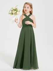 Junior Bridesmaid Dresses Grecian Neckline Floor Length Olive Green