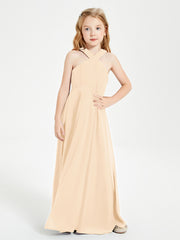 Junior Bridesmaid Dresses Grecian Neckline Floor Length Peach