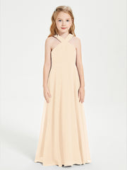 BABARONI Chiffon Peach Junior Bridesmaid Dresses A-line Grecian Sleeveless Pleated Ruched Floor-length, Peach / J4