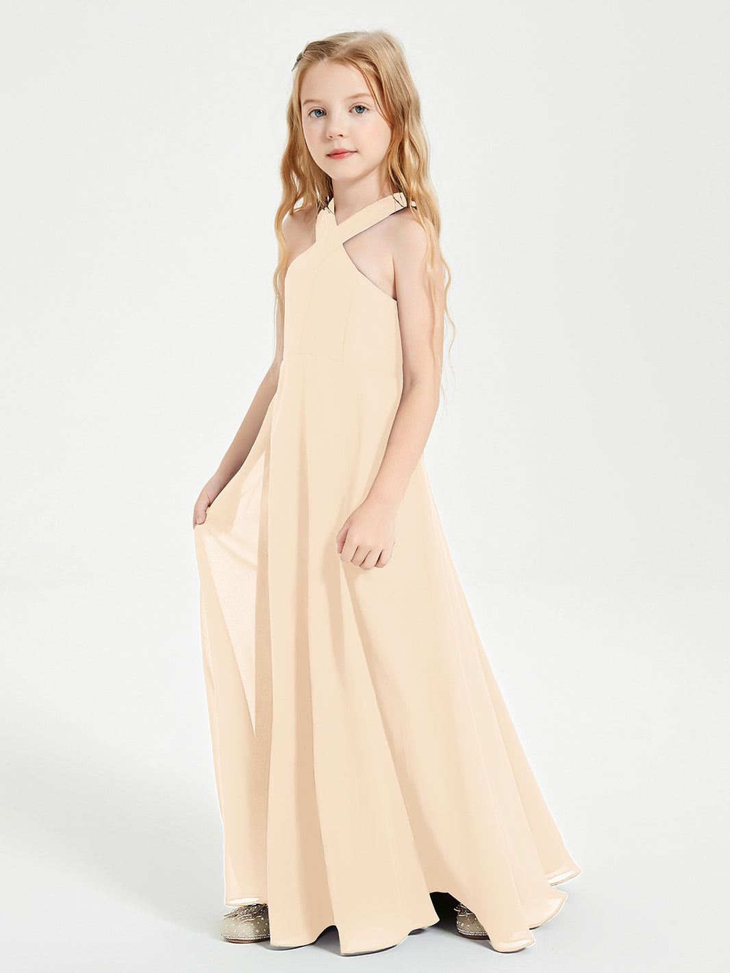 BABARONI BABARONI Chiffon Peach Junior Bridesmaid Dresses A-line Grecian Sleeveless Pleated Ruched Floor-length, Peach / J4