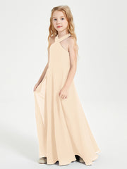 Junior Bridesmaid Dresses Grecian Neckline Floor Length Peach