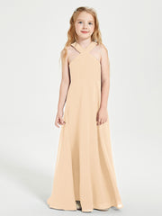 Junior Bridesmaid Dresses Grecian Neckline Floor Length Peach