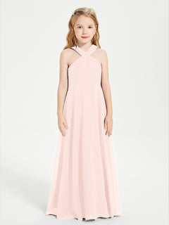 Junior Bridesmaid Dresses Grecian Neckline Floor Length Pearl Pink