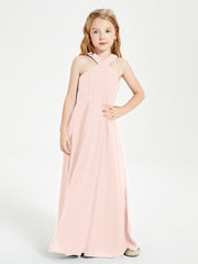 Junior Bridesmaid Dresses Grecian Neckline Floor Length Pearl Pink