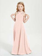 Junior Bridesmaid Dresses Grecian Neckline Floor Length Pearl Pink